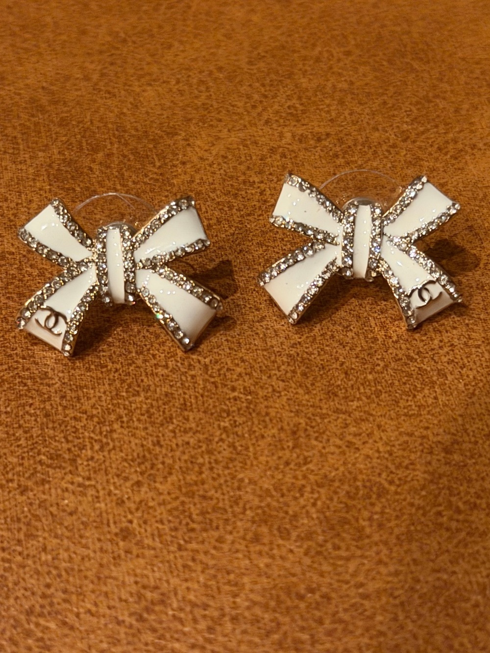 White Bow Crystal-Trim Stud FASHION Earrings
